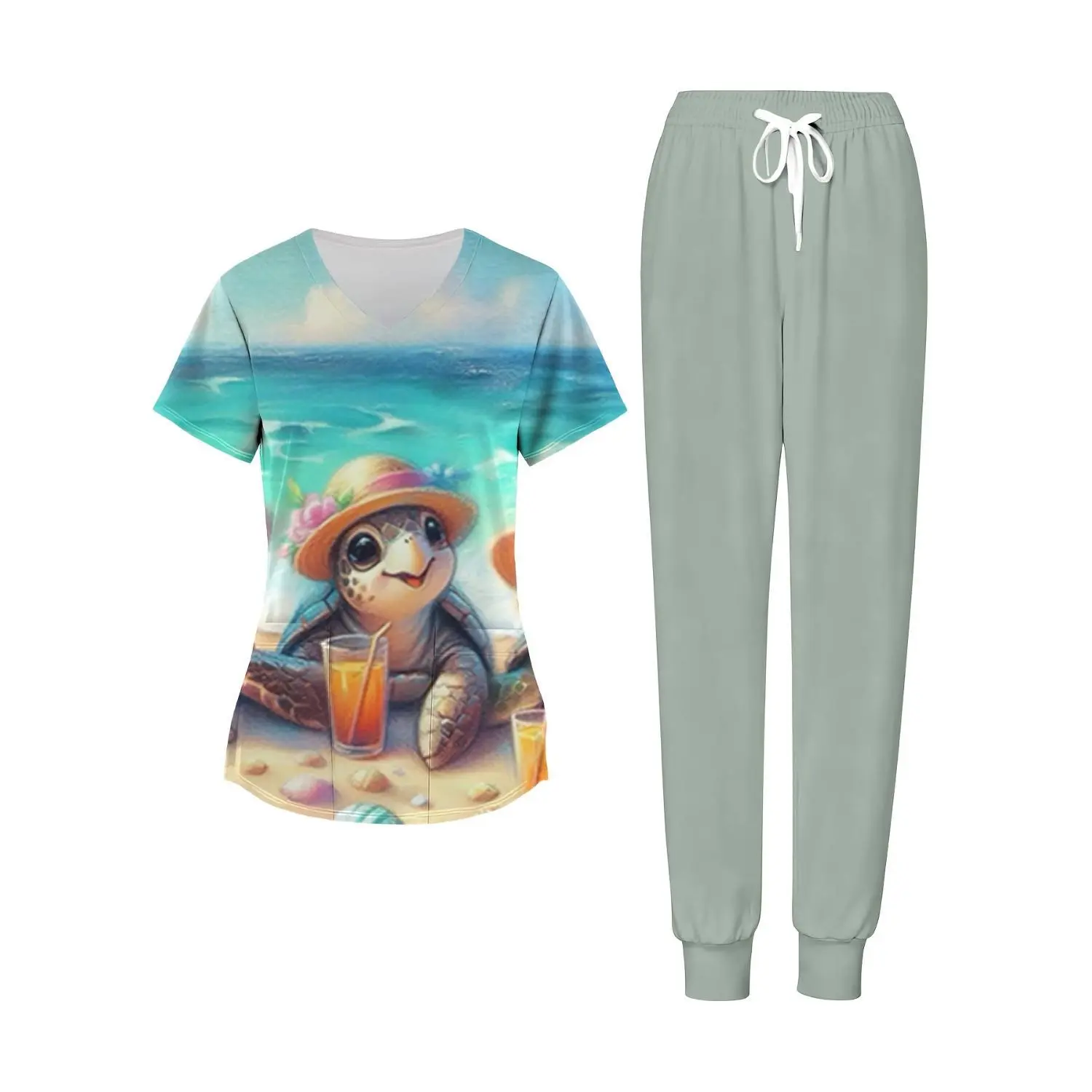 Plus Size Women's Two-Piece Romper Set with Sea Turtle Design, Featuring a Hood and Beach Scene Cocktail Print – Perfect for Summer Holidays, Casual and Sporty Activities, Ideal Gift Choice