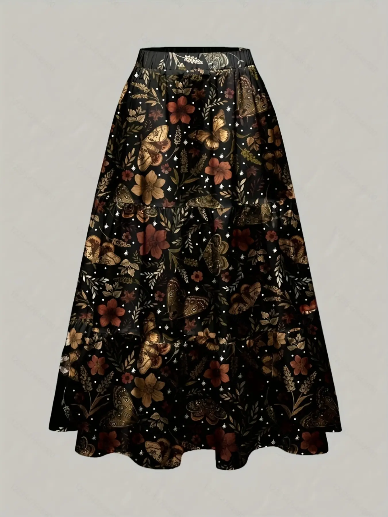 Autumn Winter Boho A-Line Dress, Natural Plant Leaf Floral Print Women's Casual Midi Skirt, Comfortable Holiday for Fall & Winter Seasons
