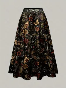 Autumn Winter Boho A-Line Dress, Natural Plant Leaf Floral Print Women's Casual Midi Skirt, Comfortable Holiday for Fall & Winter Seasons