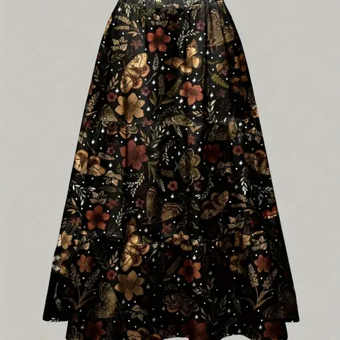 Autumn Winter Boho A-Line Dress, Natural Plant Leaf Floral Print Women's Casual Midi Skirt, Comfortable Holiday for Fall & Winter Seasons