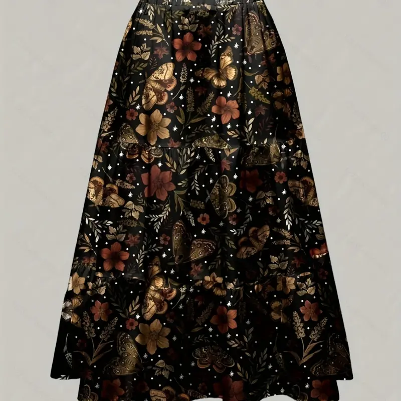 Autumn Winter Boho A-Line Dress, Natural Plant Leaf Floral Print Women's Casual Midi Skirt, Comfortable Holiday for Fall & Winter Seasons