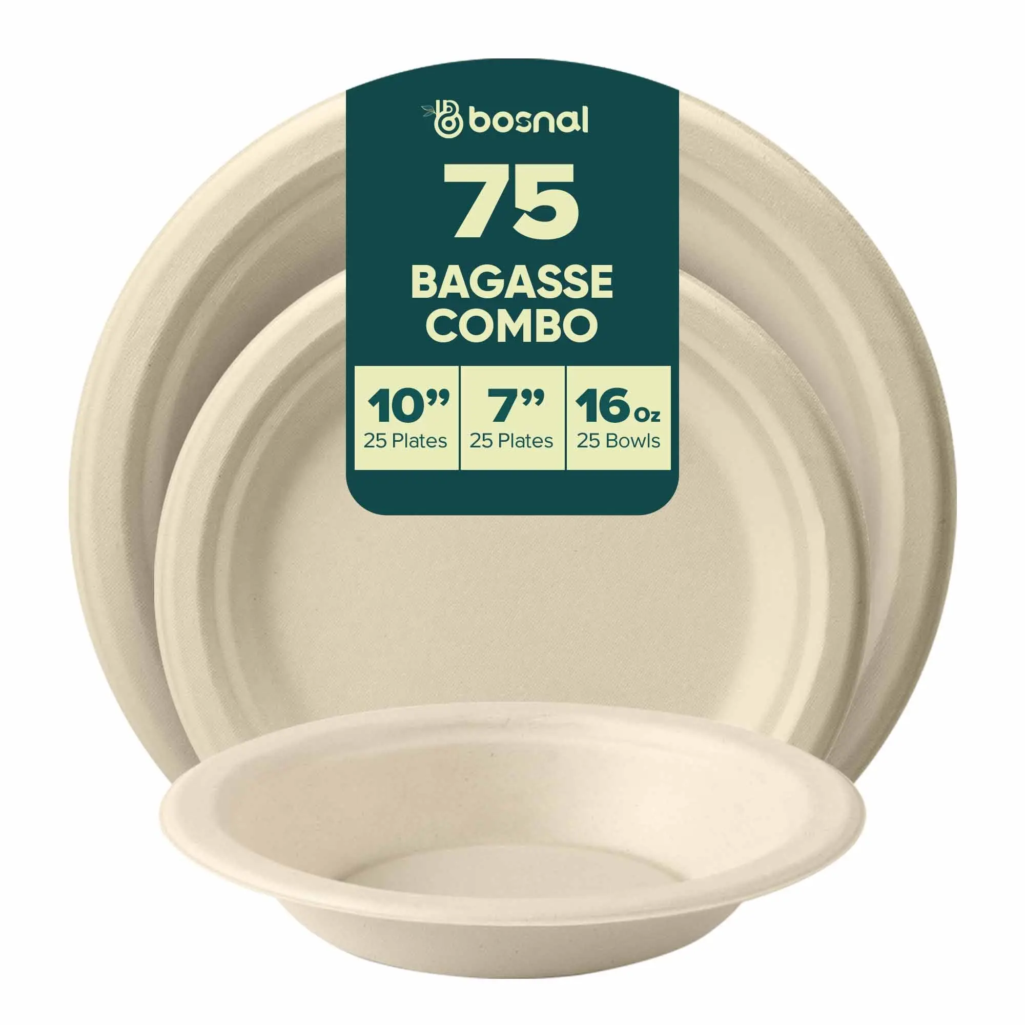75-Piece Compostable Plates & 16 oz Bowls Set, 10-Inch & 7-Inch