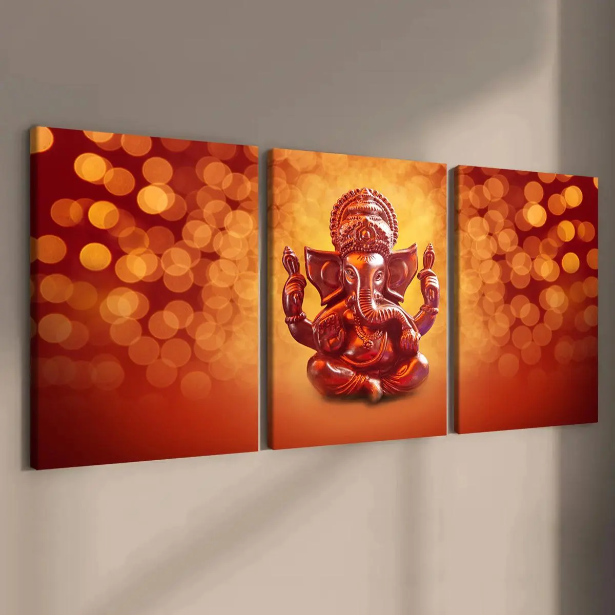 3 Counts Wooden Framed Canvas, Golden - Glow Ganesha Poster, Fashion Living Room Decoration, Modern Art, Perfect Home Poster, Wall Art Murals, Apartment Dormitory, High Definition, Waterproof, Art