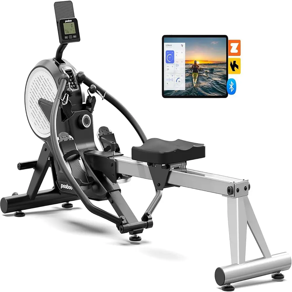 pooboo Dual Scull Rowing Machine with Wind and Magnetic Resistance | Rower Machine with 400 Lb Capacity, 14 Resistance Levels, Foldable Design, Quiet Operation And App Support for Home Workouts