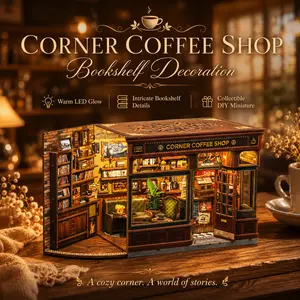 CUTEBEE CORNER COFFEE SHOP Miniature House Kit - Cozy Aesthetic DIY Wooden Dollhouse with LED Lights and Dust Cover - Vintage Cafe Shop Model Building Kit - Creative Hobby Gift for Bookworms and Crafters