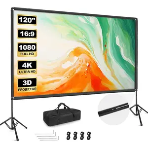 Outdoor Projector Screen with Stand, 120 inch Portable Projector Screen Stand with Elastic Rope Bar, Indoor 16:9 4K HD Wrinkle-Free Front Rear Projection Screen with Carry Bag for Movie Night Camping