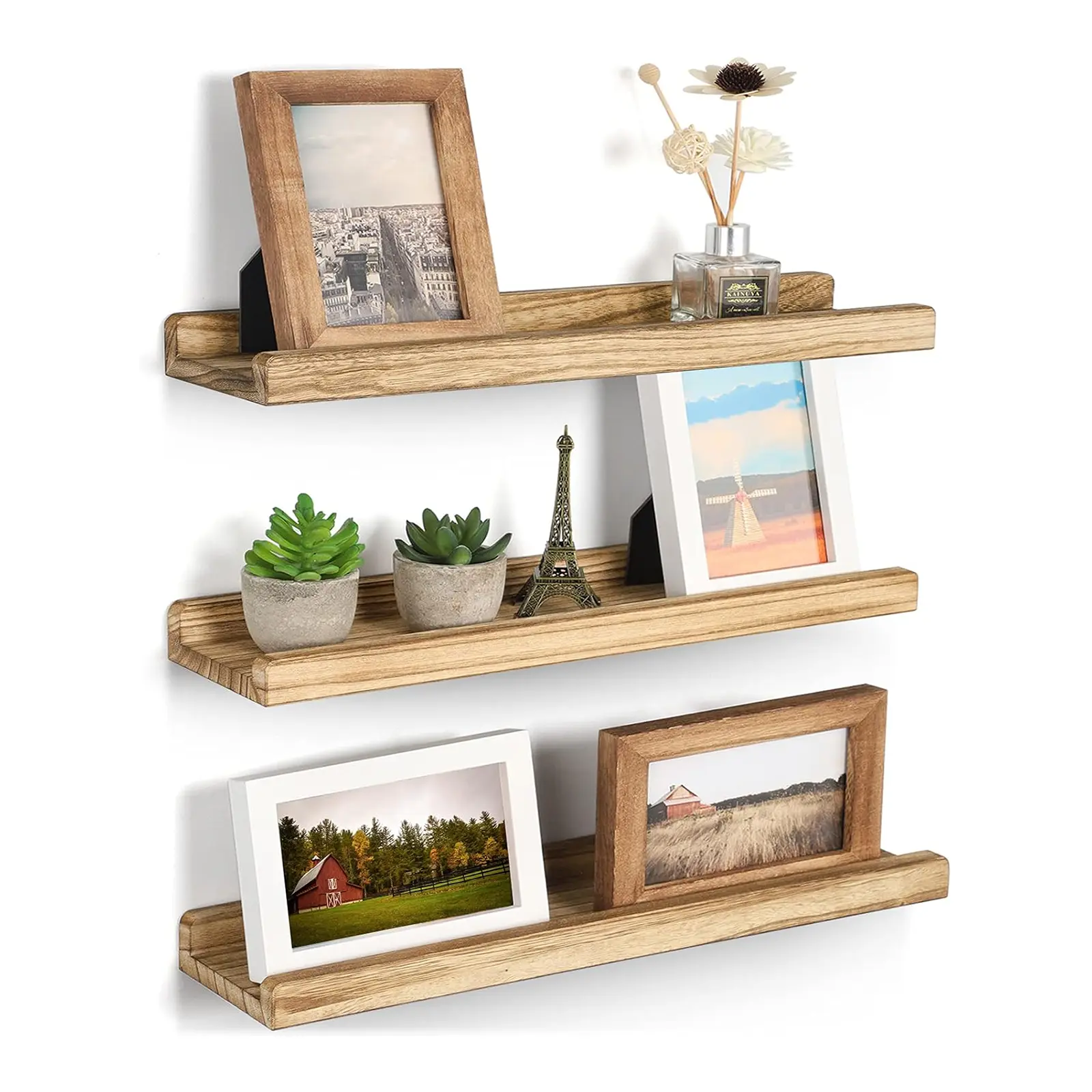 Floating Shelves for Wall, 16.9 Inch Wood Wall Shelves with Ledge for Living Room Bedroom Kitchen Bathroom, Set of 3 Rustic Picture Ledge Display Shelf, Wall Mounted Storage Rack for Books Frames Plants, Carbonized Black