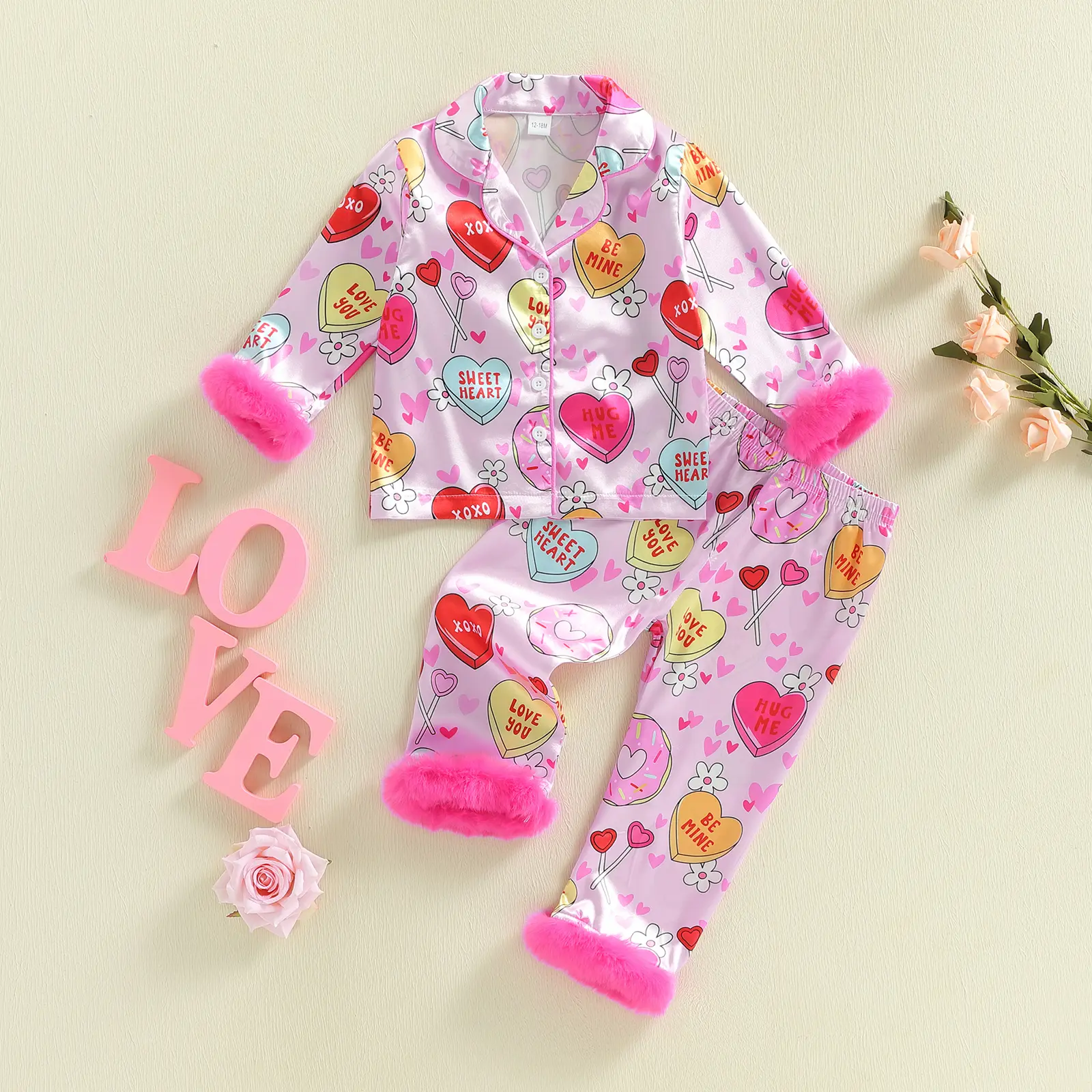 Toddler Baby Little Girl Valentine's Pajamas Sets Long Sleeve Lapel Heart Print Tops Elastic Waist Pants Nightwear 1-7 Years