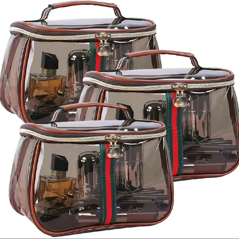 New Retro Vintage Vanity Bag, Capacity Makeup Organizer for Women, Ladies Travle Storage Case, Transparent Toiletry Bag, Portable Skincare Storage Case (Brown)-Does not include any accessories
