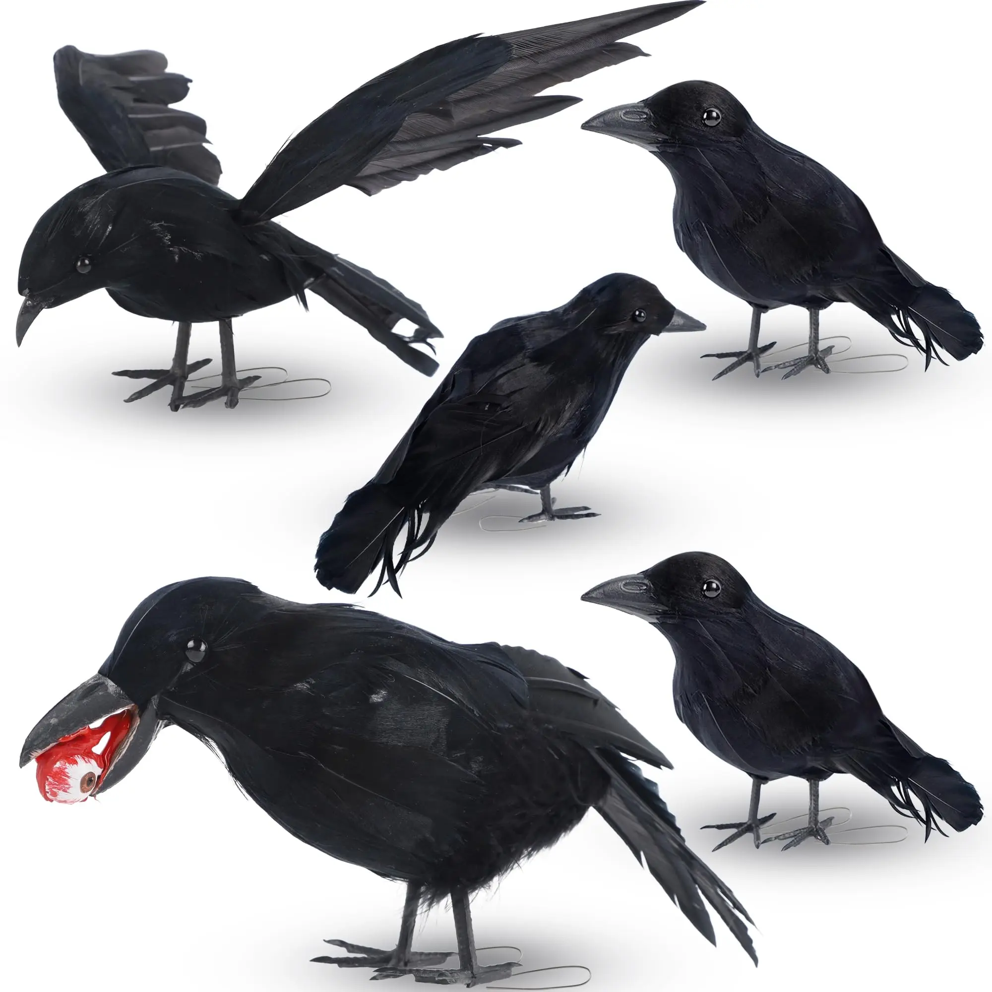 5 Pack Crows Decor  Realistic Black Ravens With Eyeball & Flying Pose Crow For Indoor/outdoor Decorations Scarecrow Displays Party Cemetery Props (assorted Poses)