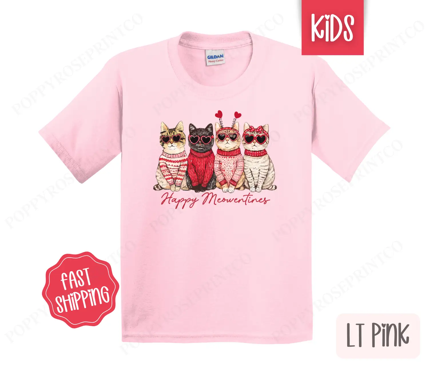 Happy Meowentines Kids Shirt - Valentine's Day Children's Tshirt - Youth CatTee Gildan