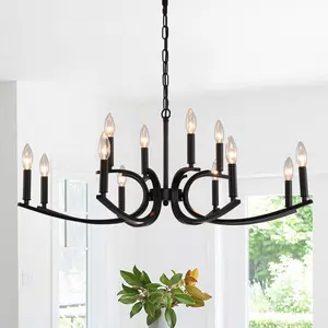 12-Light Farmhouse Matte Black Chandelier Light Fixture, Adjustable Hanging Ceiling Light for Dining Room Kitchen