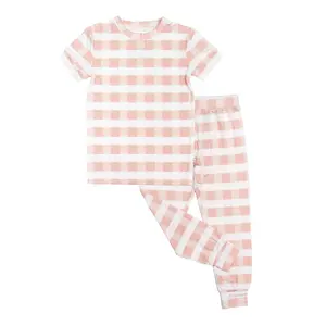 Pink Gingham Two-Piece Bamboo Short Sleeve Pajama Kids Pants Set