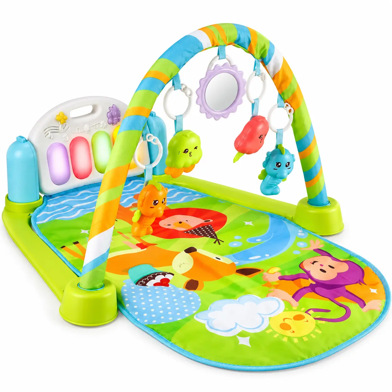 Baby Play Gym with Light-Up Kick Piano, Musical Activity Mat with Hanging Rattles and Mirror for Tummy Time and Infant Floor Play