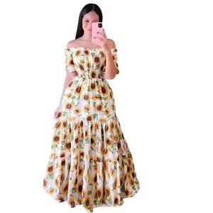2026 New Spring Summer European American Women's Dress, Off-Shoulder Floral Print Sleeveless Long A-Line Dress, Slim Fit Knitted Fabric #OffShoulderFloralDress #SpringSummerFashion2026 #ElegantCommuterDress Slim Floral Long Dress Women's Pr