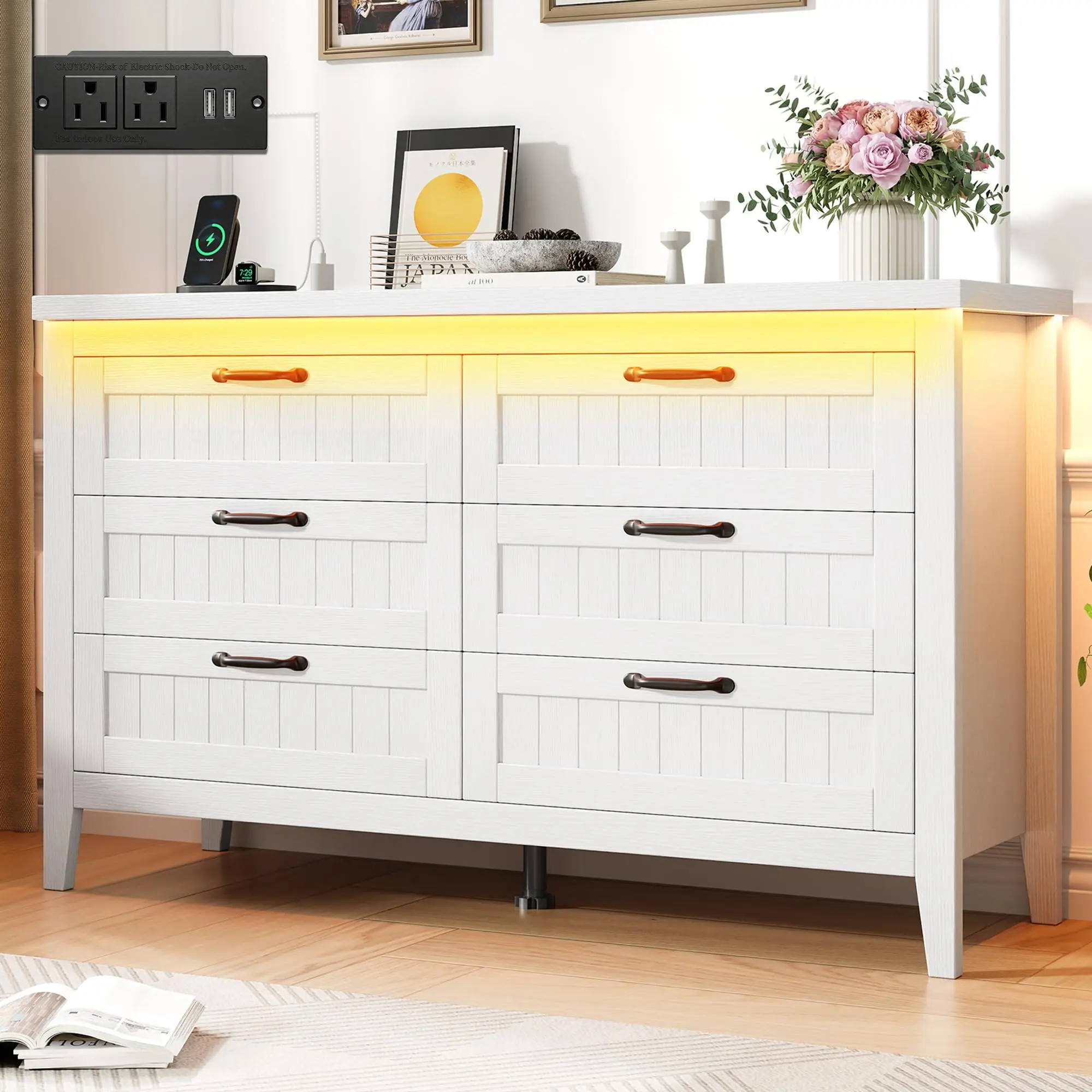 Minimalist Wooden Dressers - 3/6/8 Drawers for Bedroom, LED Lights, Charging Station, Slim Design - Indoor Furniture Kit for Living Room - Natural, Grey, Black