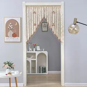 No-Hole Cherry Lace Door Curtain, Vintage Floral Embroidered Beaded Curtain Tiebacks, Aesthetic Ballet-Style Room Decor