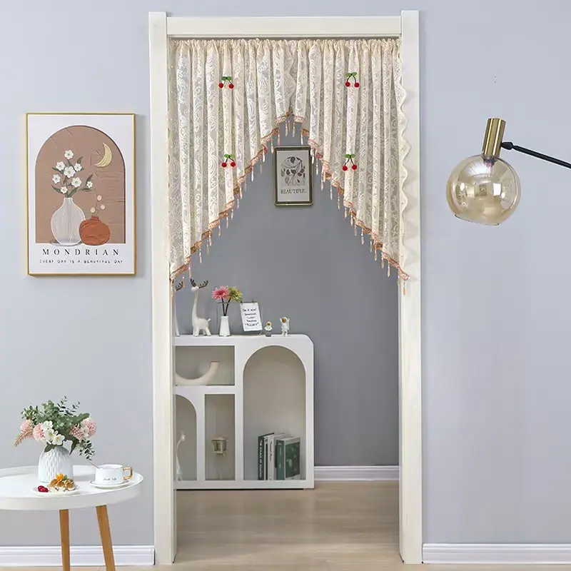 No-Hole Cherry Lace Door Curtain, Vintage Floral Embroidered Beaded Curtain Tiebacks, Aesthetic Ballet-Style Room Decor