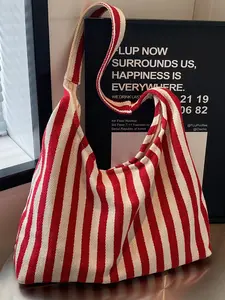 Women's Striped Pattern Tote Bag, Durable Large Capacity Shoulder Bag for Daily Used, Casual Trendy Versatile High-quality Daily Commuting Bag, Girl Fashionable Shopping Bag