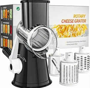 Cambom Rotary Cheese Grater Hand Crank Cheese Shredder for Fresh Cheese, Vegetable, Nuts,Non-slip Suction Base, Free Cleaning Brush Three Blades, Black