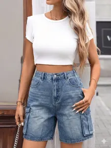 Y2K Retro Workwear Jeans Shorts, High Elasticity Multi-Pocket, Street Style, Casual Holiday Wear, Perfect for Summer