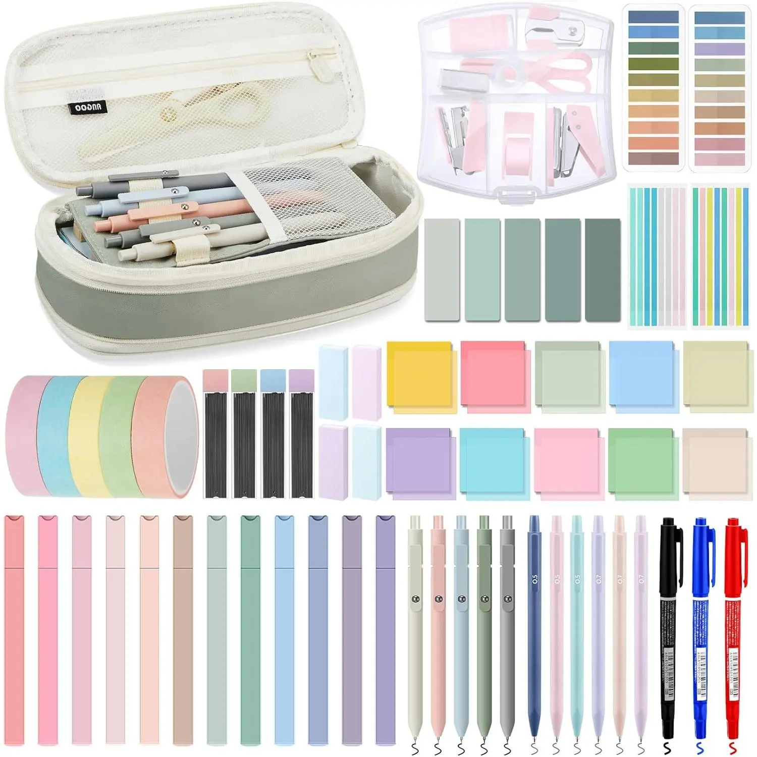 60 count Aesthetic Book Annotation Kit Pencil Case with Highlighter Gel Pen Mechanical Pencil 1220 Sheets Transparent Sticky Notes Tabs Mini Office Supply Stationery for School (Light Green)