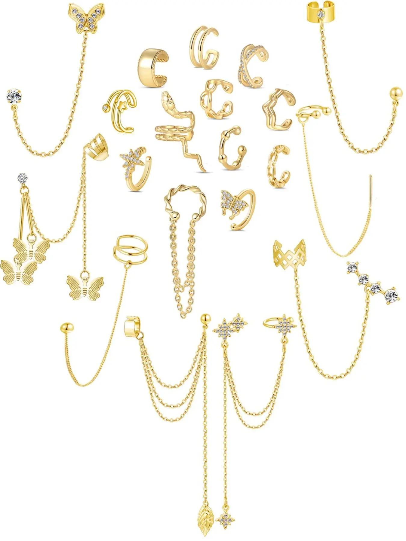 21 Pcs Ear Cuff Earrings Set for Women Ear Accessories Earrings Jewelry Stainless Steel Cuff Chain Drop Dangling Earrings Helix Cartilage Cuff Earring Non Pierced Adjustable Fit Geometric Pattern Silver Gold Tone Earring Stack