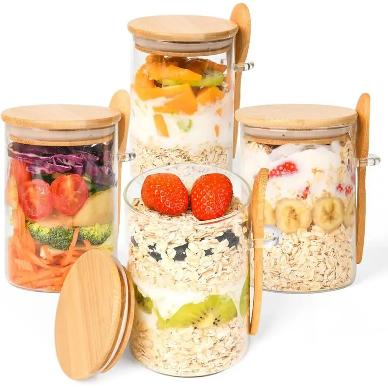 16oz Glass Overnight Oats Containers with Lids - 4-Piece Mason Jar Set, Airtight Resealable Non-Plastic Glass Food Containers for Kitchen Meal Prep, Parfait Storage Supplies, Airtight Food Containers