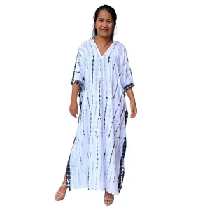 White Tie Dye Kaftan - Womens Summer Dresses, Rayon Caftan, Cruise Wear, Maxi Beach Kaftan Dress