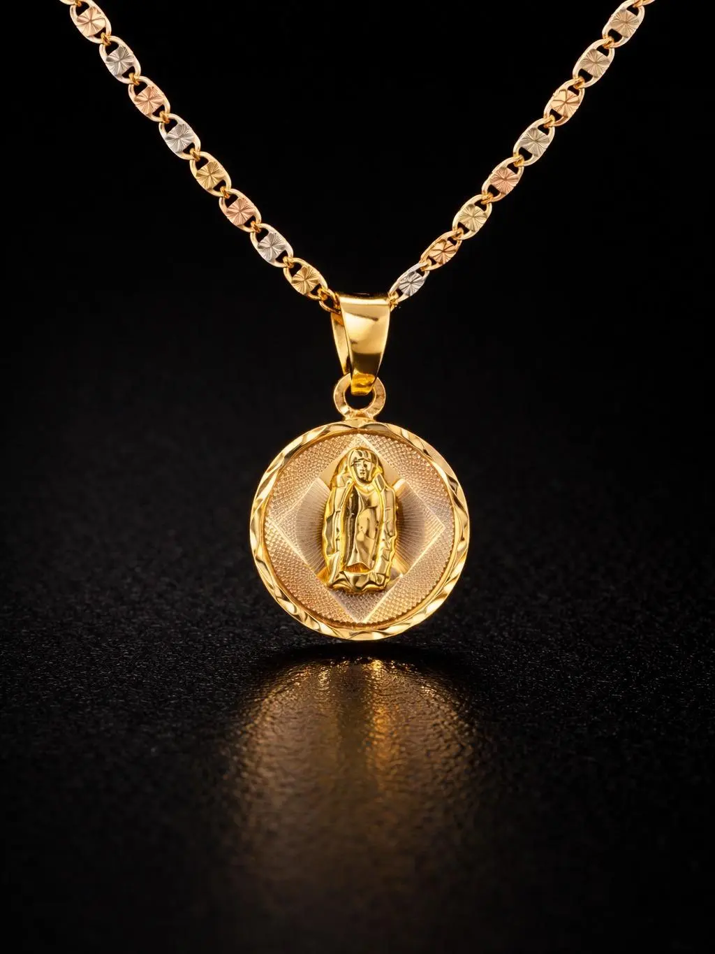 Virgen de Guadalupe Necklace Tri Color 14k Gold for Womens Girls