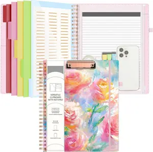 Foldable Spiral Clipboard Folio with with Storage Zipper Pouch, 5 Plastic Folders with 10 Pockets, Leather Clipboard Folder with Notepad, 39 Divider Label Stickers (Rose)
