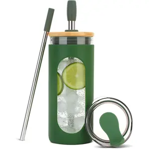 20 oz Glass Tumbler with  and Straws,  Borosilicate Glass Iced Coffee Cup with  Lid for Smoothie Boba Juice,Travel  - Green