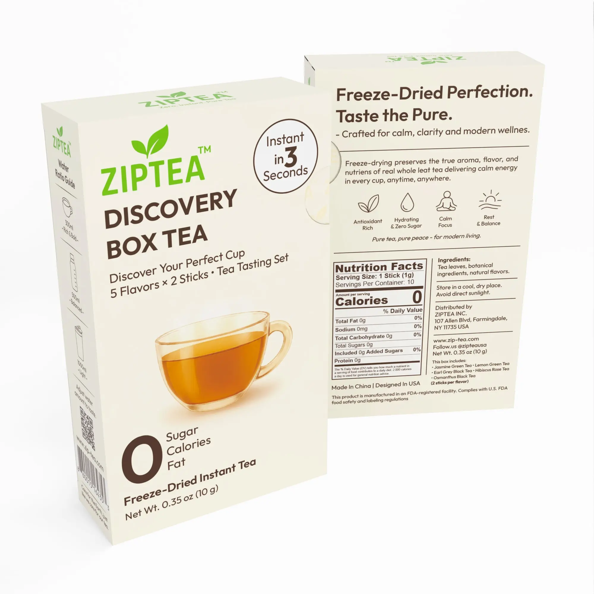ZIPTEA Discovery Box, 5 Freeze-Dried Instant Tea Flavors, 0 Sugar, 10 Stick Packs, Hot or Cold Lemon Beverage