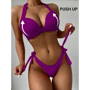 SwimSummerBeachSolidBikiniSetHalterPushUpBra&TieSideThongBottom2PieceBathingSuitSexyBikiniSet,LadiesSummerSwimsuitStyleClothes,BathingSuits,BikiniOutfits