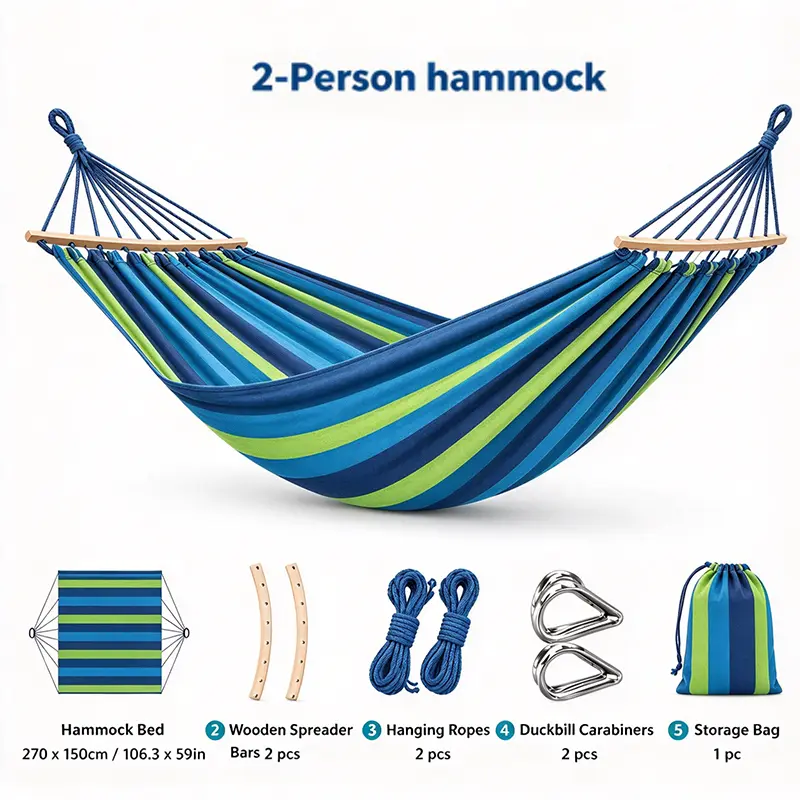 2-Person Hammock Bed106x59in with Wooden Spreader Bars Hanging Ropes Duckbill Carabiners & Storage Bag for Outdoor Relaxation