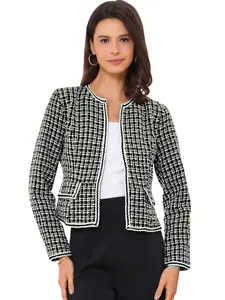 INSPIRE CHIC Plaid Tweed Blazer Long Sleeve Open Front Work Office Short Jacket