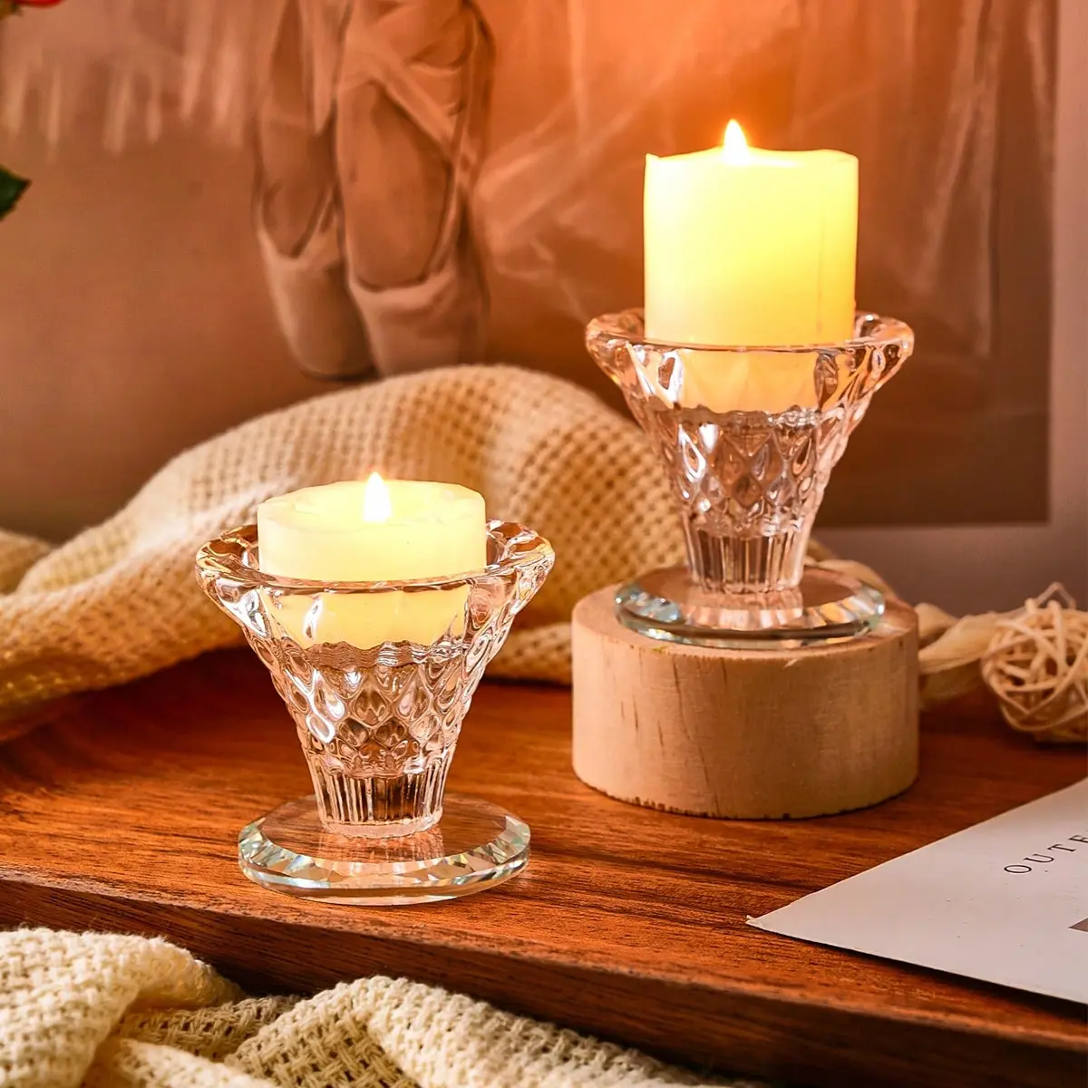 Modern Diamond Pattern Crystal Glass Candle Holder, Transparent Glass Small Round Candlestick, Festive Table Decor, Romantic Dinner Accessories