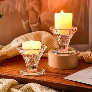 Modern Diamond Pattern Crystal Glass Candle Holder, Transparent Glass Small Round Candlestick, Festive Table Decor, Romantic Dinner Accessories