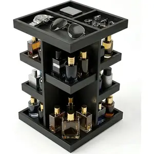 4-Tier Rotating Cologne Organizer for Men, Large Capacity Wood Perfume Organizer, Cologne Stand Holder, Perfume Shelf Display for Dresser Accessories, Gift for Mens Husband Birthday Anniversary(Black)