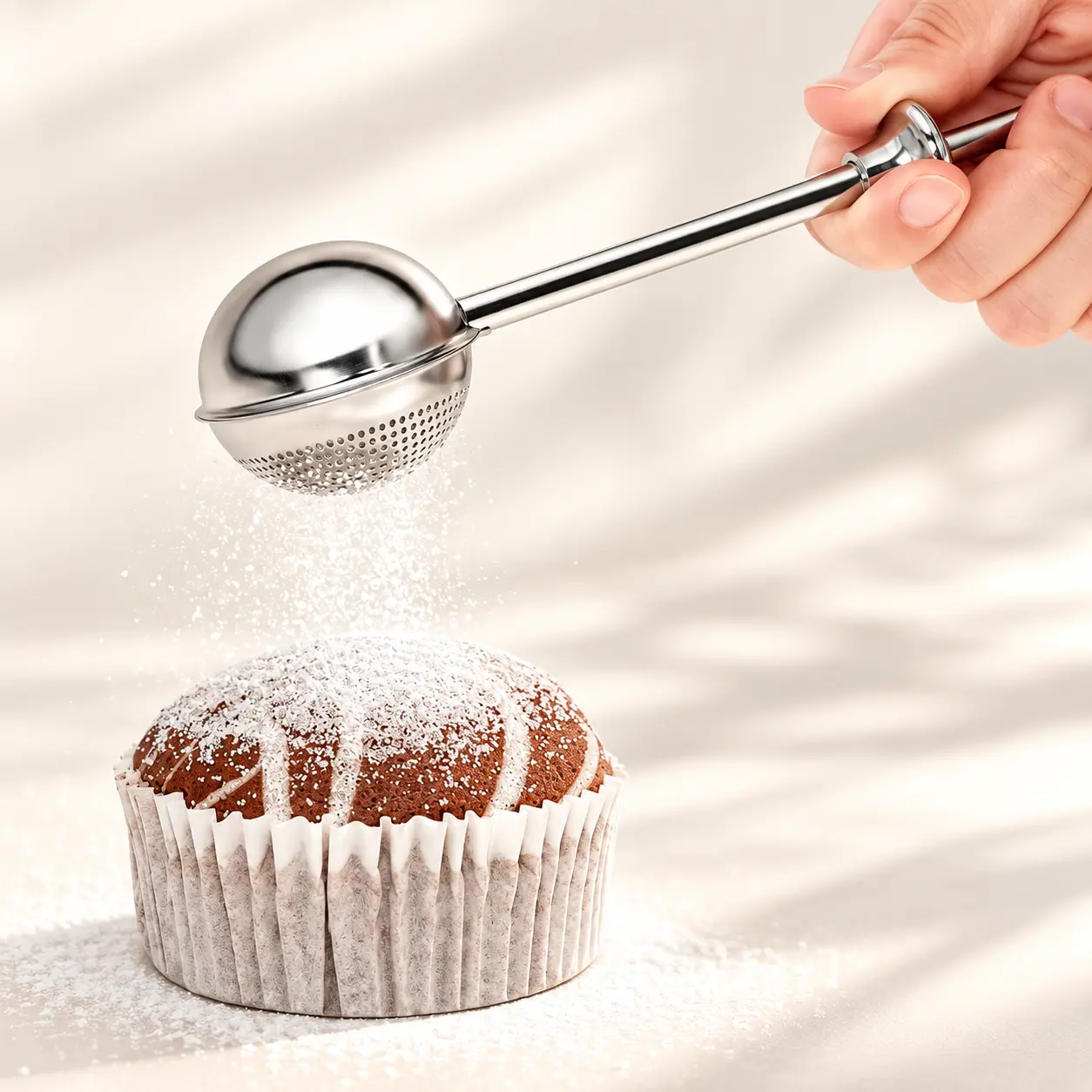 Stainless Steel Long-Handle Flour Duster Sifter, Fine Mesh Powdered Sugar Shaker with Spring Handle for Cakes, Bread, Rolls, Pastries and Desserts, Easy-Control Baking Tool for Light, Smooth and Even Dusting
