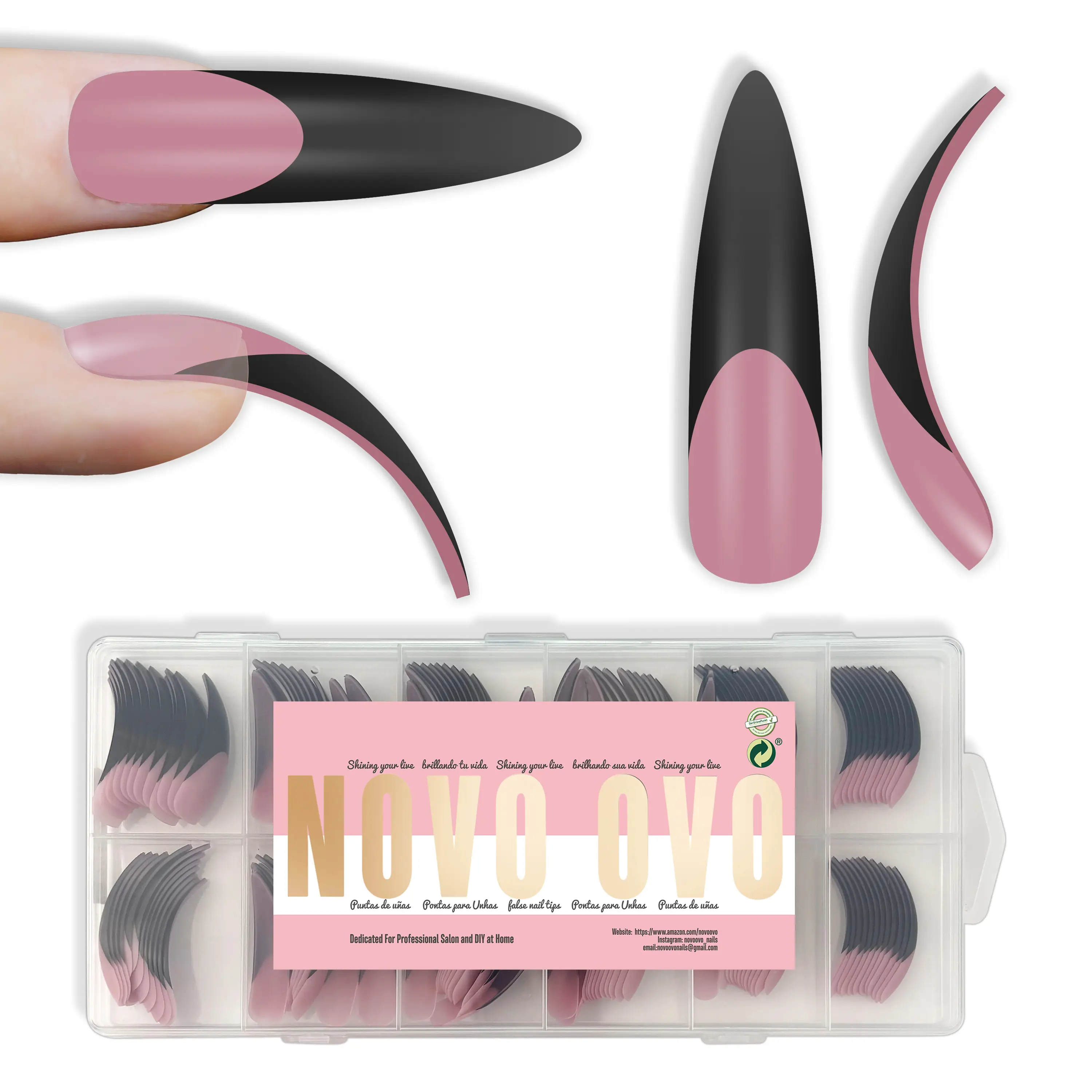 NOVO OVO Press On Nail Tips, Extra Thick Soak-Off PMMA Extensions, 144 Pcs XXL Curved Stiletto in 12 Sizes, Professional Beauty Products for Nail Inspo