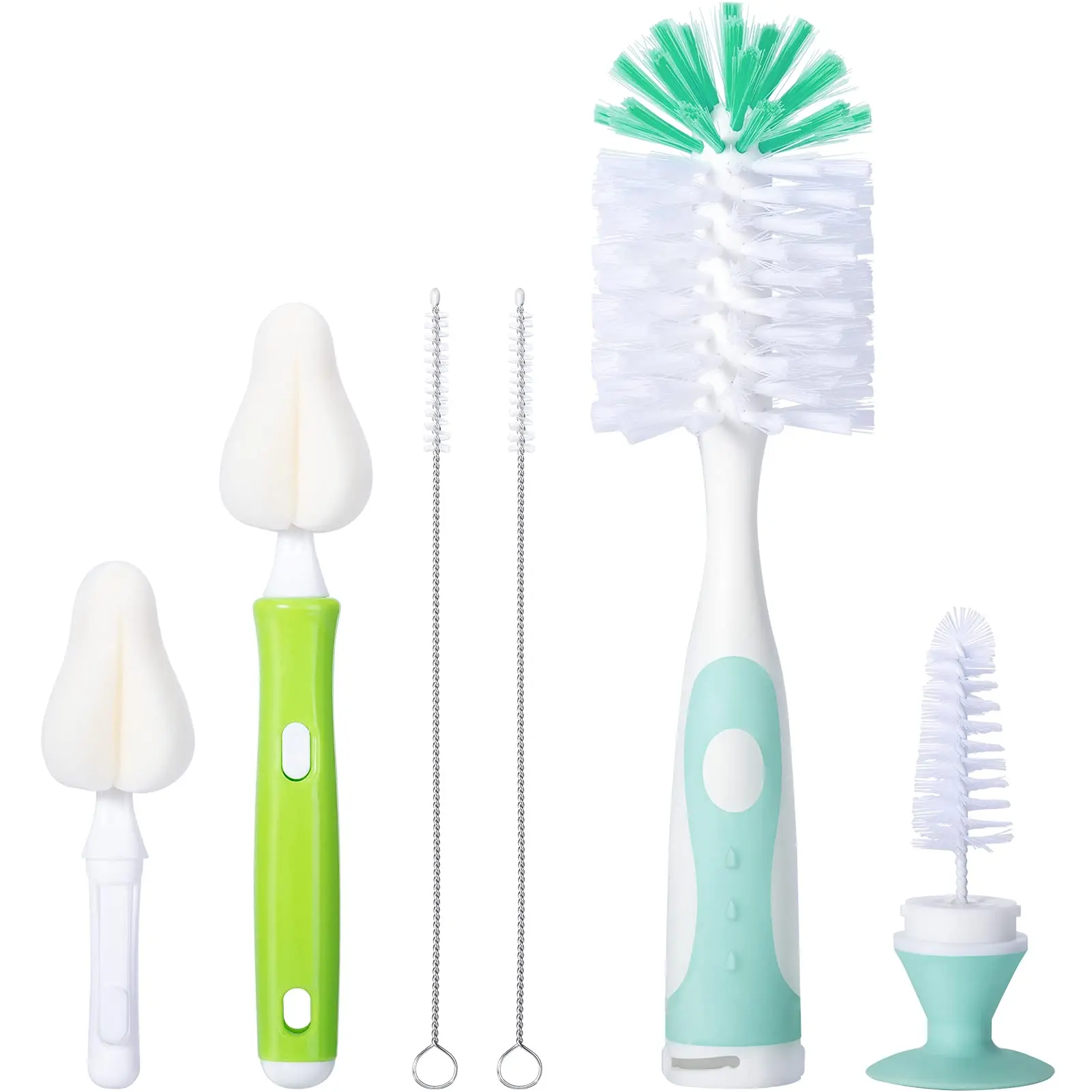 Baby Bottle Brush with Hidden Nylon Nipple Cleaner 2 Sponge Nipple Brushes 2 Straw Brushes Green Polypropylene Handle for Baby Bottle Pacifiers Pump Accessories Teething Toys