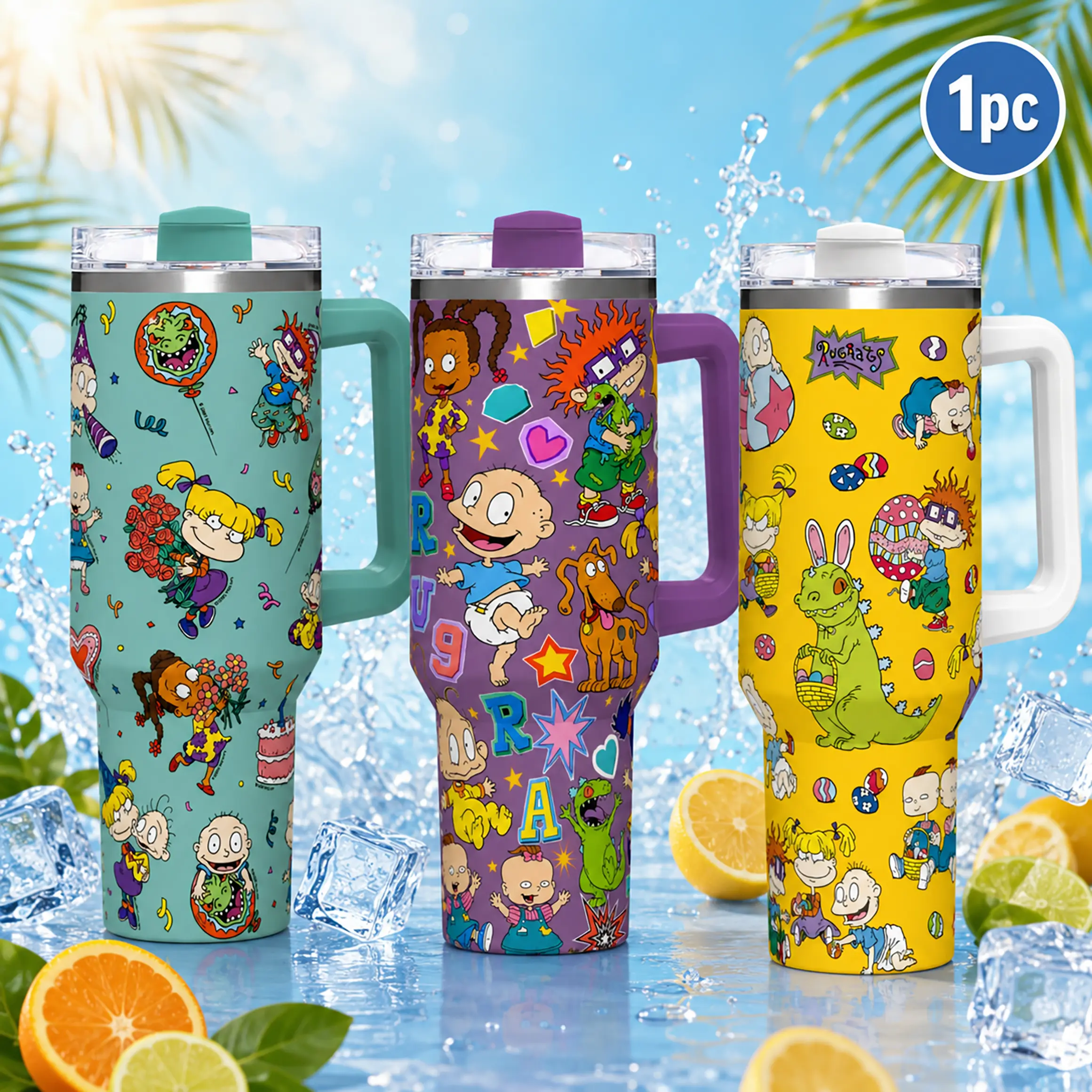 1pc Rugrats Cartoon Graphic Insulated Water Cup - 40oz (1,000-2,000 ml) 304 Stainless Steel Vacuum Tumbler, Anti-Scalding Leak-Proof Casual Handle Tumbler with Lid & Straw, Cup Holder Friendly Birthday Gift for Teens, Large