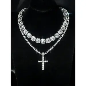 Iced-out tennis necklace and cross pendant set with sugar chain for men and women, suitable for parties and everyday wear