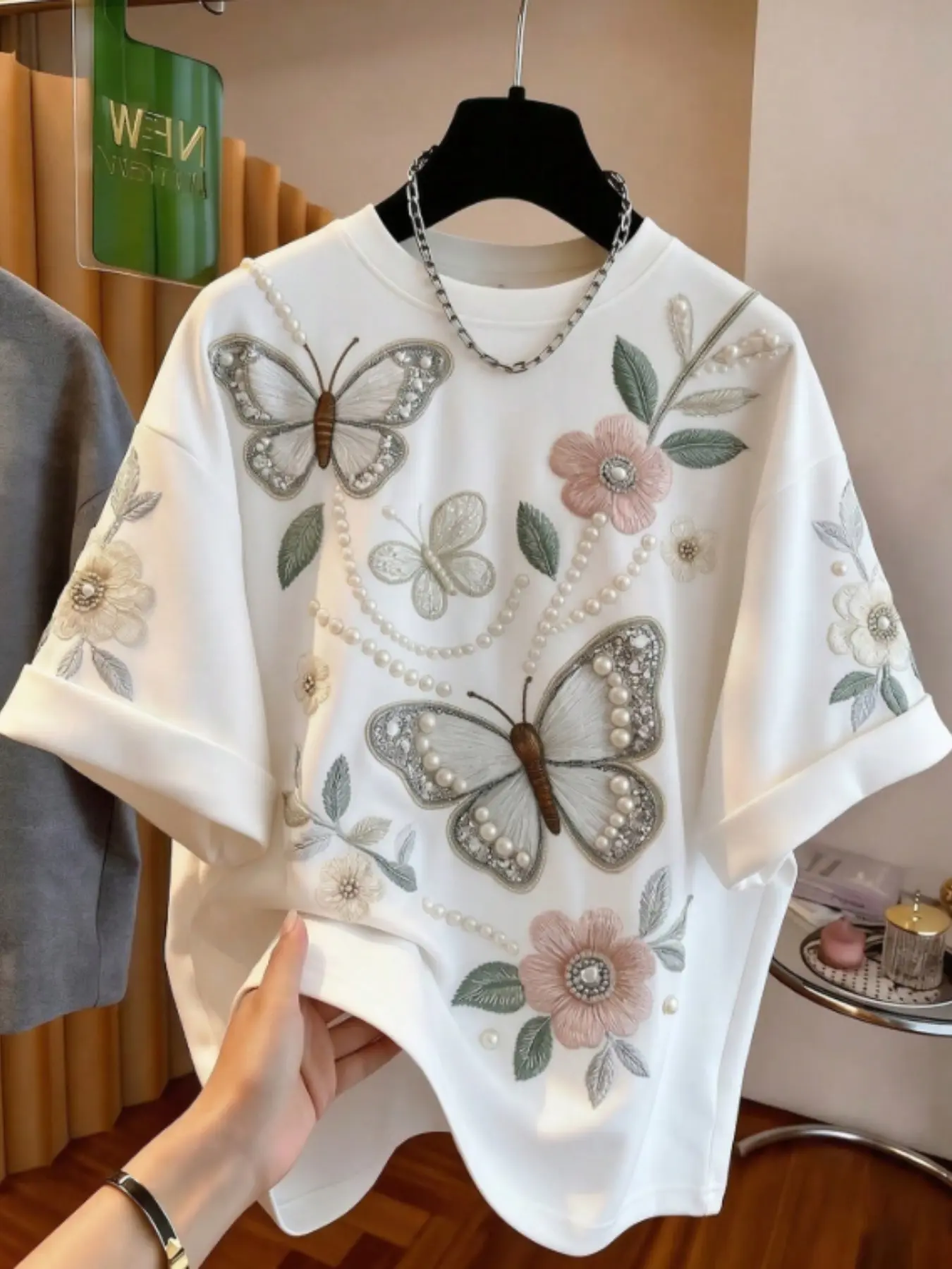 Elegant Feminine Butterfly Floral Embroidered T-Shirt, Loose Fit Pearl Trim Round Neck Short Sleeve, Versatile Casual Summer Tops for Women