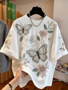 Elegant Feminine Butterfly Floral Embroidered T-Shirt, Loose Fit Pearl Trim Round Neck Short Sleeve, Versatile Casual Top for Women