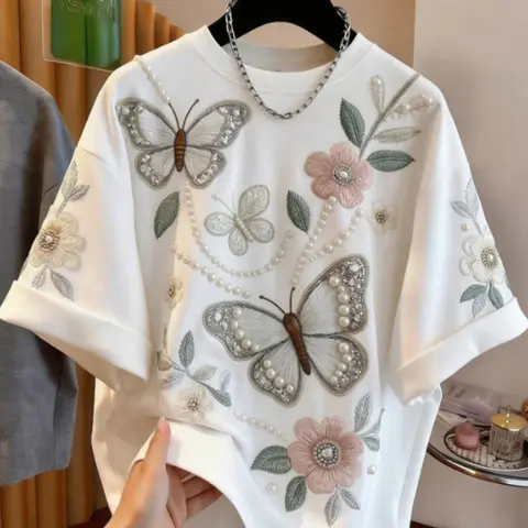 Elegant Feminine Butterfly Floral Embroidered T-Shirt, Loose Fit Pearl Trim Round Neck Short Sleeve, Versatile Casual Summer Tops for Women, Loose Fit Tees
