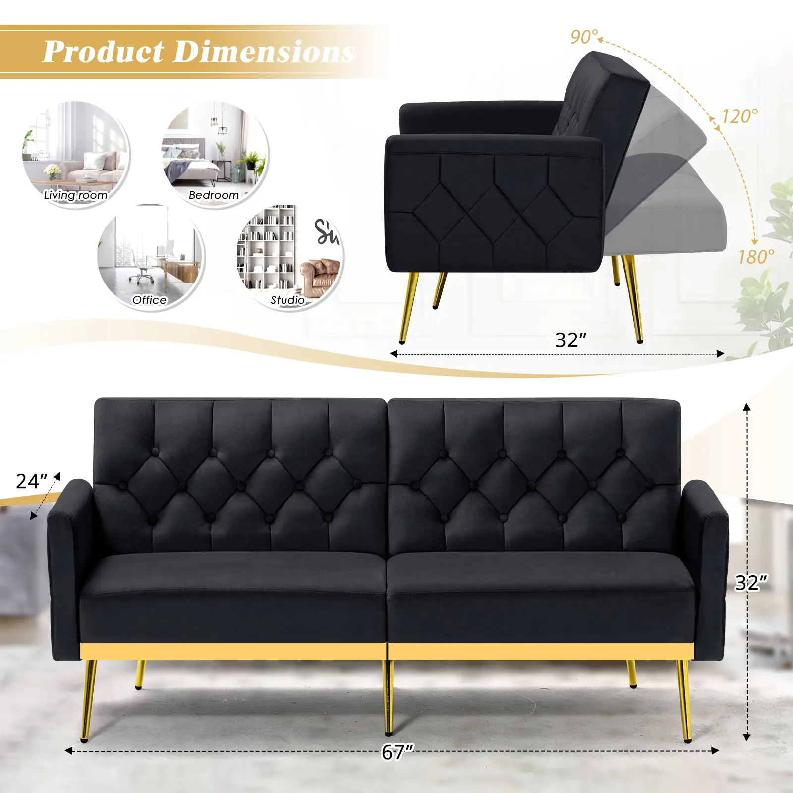 ACMEASE Tufted Velvet Convertible Loveseat Futon Sofa Bed - Adjustable Arms & Backrests, Folding Sleeper, Comfortable Interior Furniture for Living Room, Bedroom