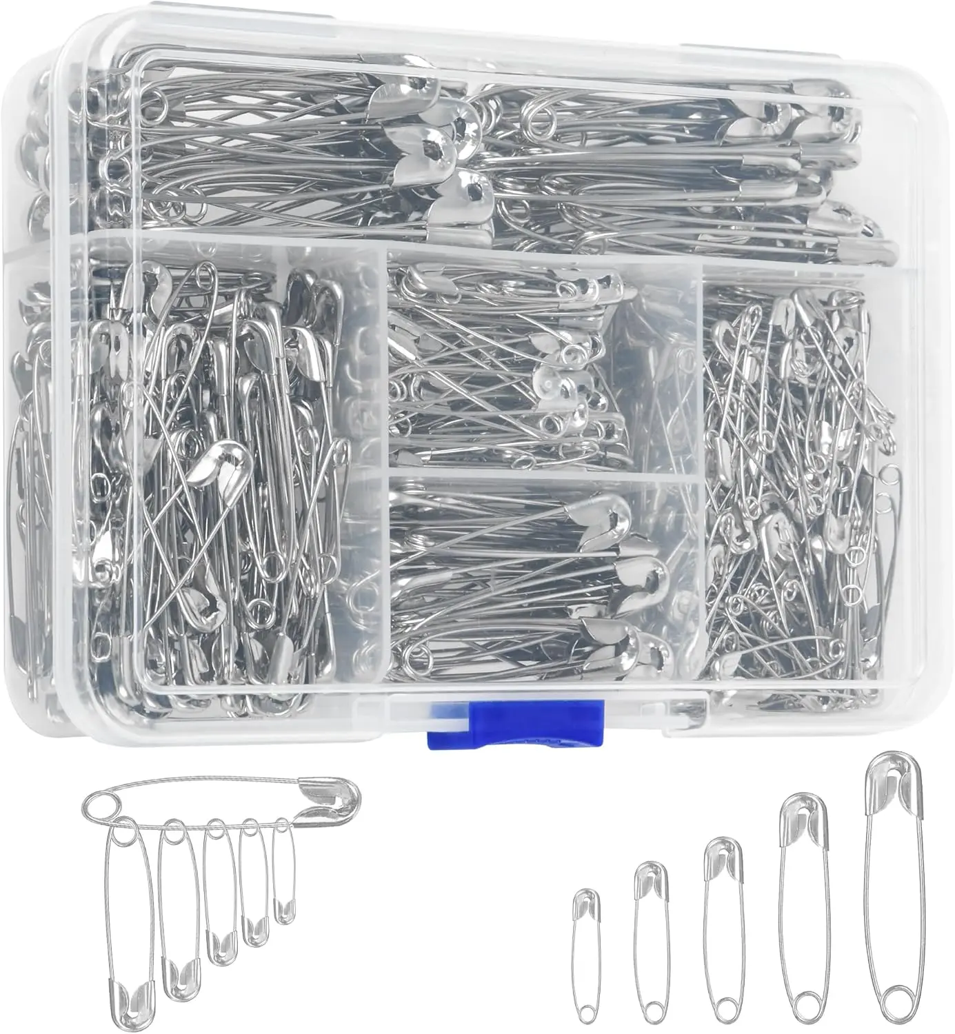 Bulk Safety Pins 520 Pack | Assorted Sizes Silver Steel | Heavy Duty Rust-Resistant | for Sewing Clothes Art Crafts