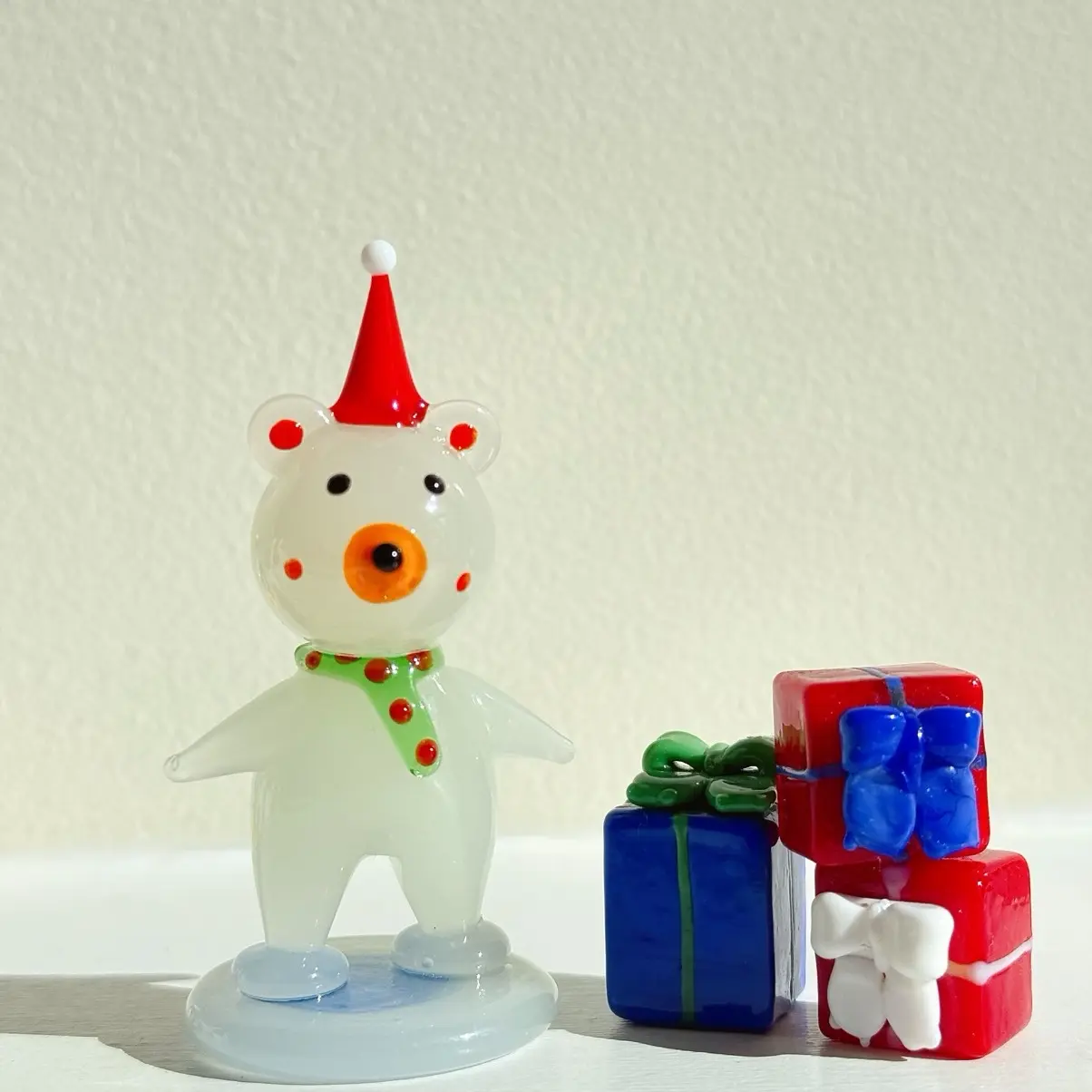 Handmade Glass Polar Bear Figurine with Christmas Hat and Scarf – Festive Home Decor, Glass Bear Miniature, Glass Art Holiday Collectible